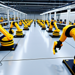 ** A modern factory floor with AI-powered robots working alongside human employees. The robots are performing tasks like quality control inspections using cameras and sensors, while humans are overseeing the process and interacting with data on tablets. Focus on showing efficiency and collaboration.

**