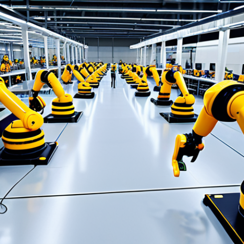 ** A modern factory floor with AI-powered robots working alongside human employees. The robots are performing tasks like quality control inspections using cameras and sensors, while humans are overseeing the process and interacting with data on tablets. Focus on showing efficiency and collaboration.

**