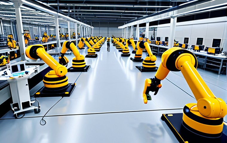 ** A modern factory floor with AI-powered robots working alongside human employees. The robots are performing tasks like quality control inspections using cameras and sensors, while humans are overseeing the process and interacting with data on tablets. Focus on showing efficiency and collaboration.

**