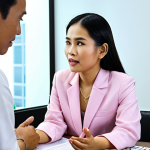 **A vibrant negotiation scene in Bangkok:** Depict a Thai businesswoman confidently negotiating a deal with a tech company executive. Focus on expressions of understanding, respect, and trust, showcasing successful cross-cultural communication. The background should subtly incorporate elements of Thai culture and modern technology.