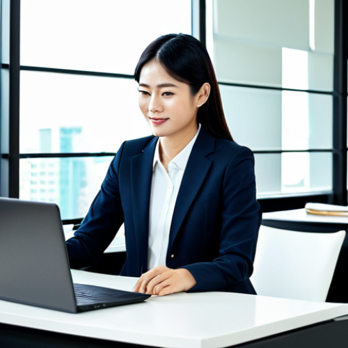 Home 22 Business Efficiency**
"A brightly lit, modern open-plan office in Bangkok, Thailand. A businesswoman in a modest, tailored business suit sits at a clean desk using a laptop. In the background, colleagues collaborate. Image should convey efficiency and customer satisfaction. Safe for work, appropriate content, fully clothed, professional, perfect anatomy, natural proportions, high quality."
**
