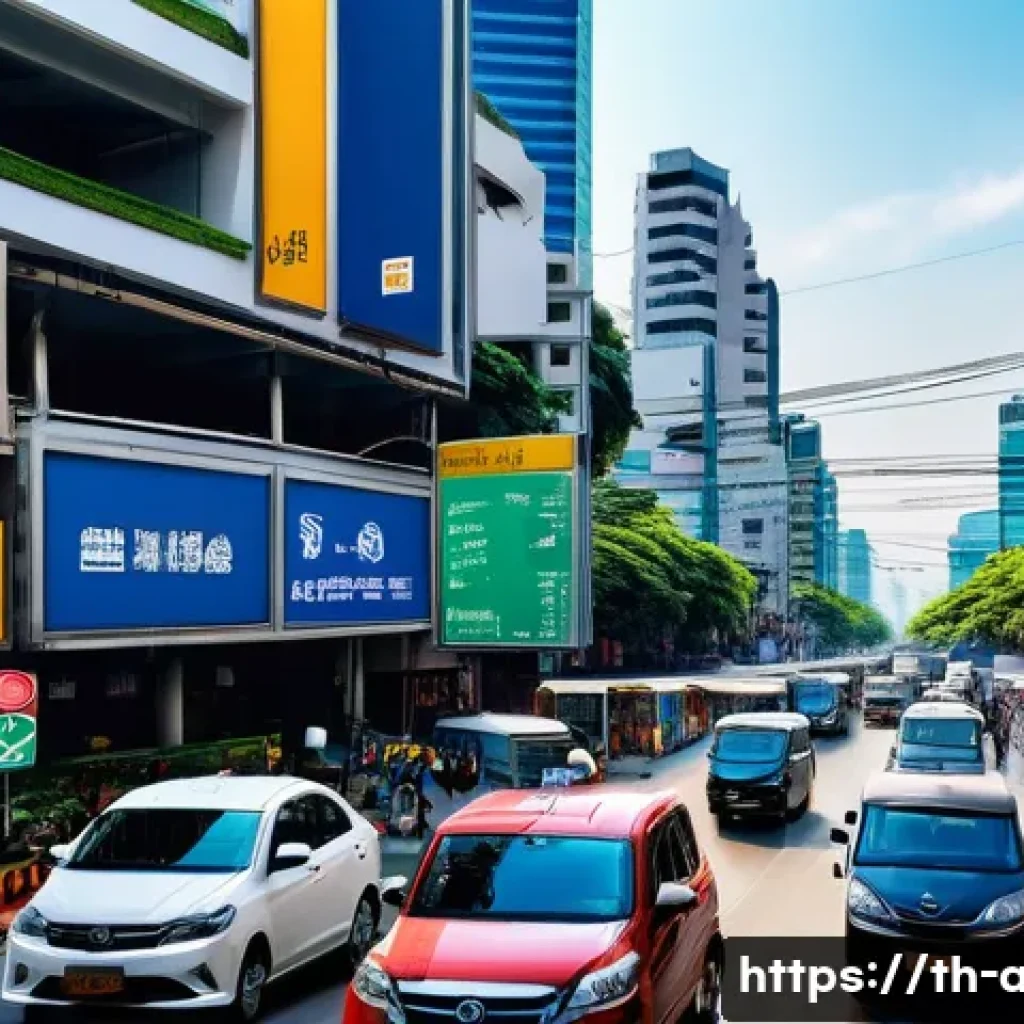 AI 기술을 활용한 스마트 시티 사례 - A bustling Bangkok city street scene showcasing smart traffic management technology: multiple AI-pow...