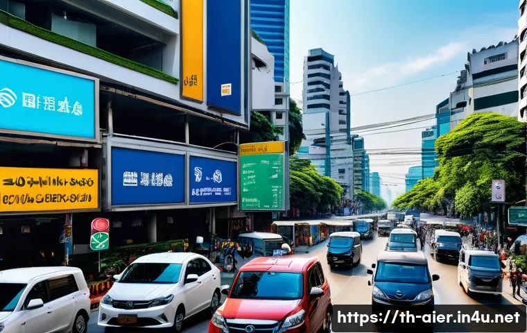 AI 기술을 활용한 스마트 시티 사례 - A bustling Bangkok city street scene showcasing smart traffic management technology: multiple AI-pow...
