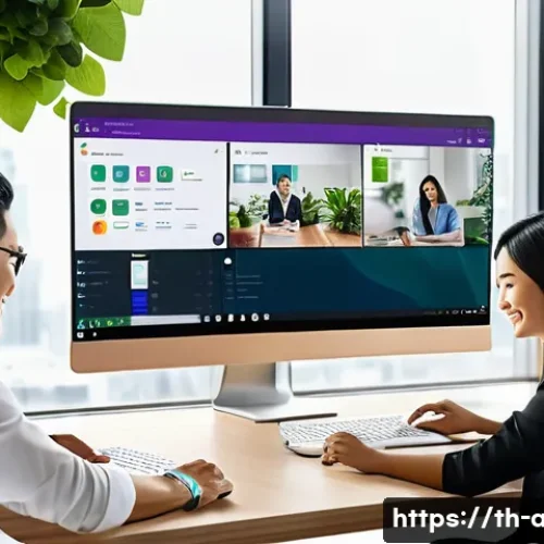 AI 전문가의 실시간 협업 도구 추천 - A modern Thai office setting with a diverse team of professionals collaborating in real-time using S...