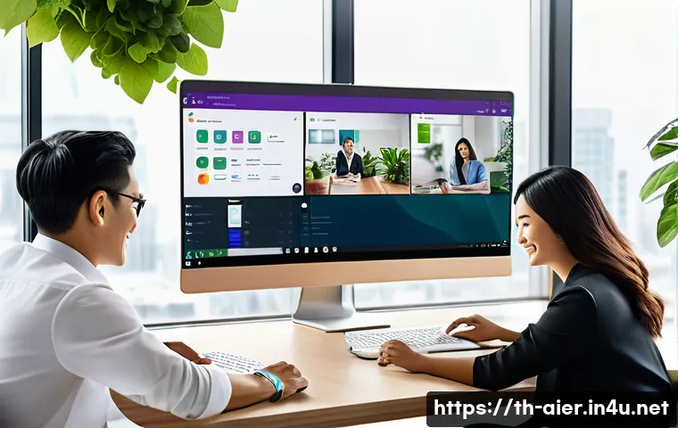 AI 전문가의 실시간 협업 도구 추천 - A modern Thai office setting with a diverse team of professionals collaborating in real-time using S...