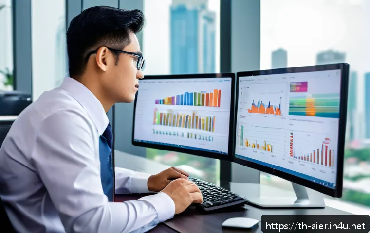 머신러닝 코드 최적화 기법 - A modern data scientist working in a sleek Bangkok office, analyzing large machine learning datasets...