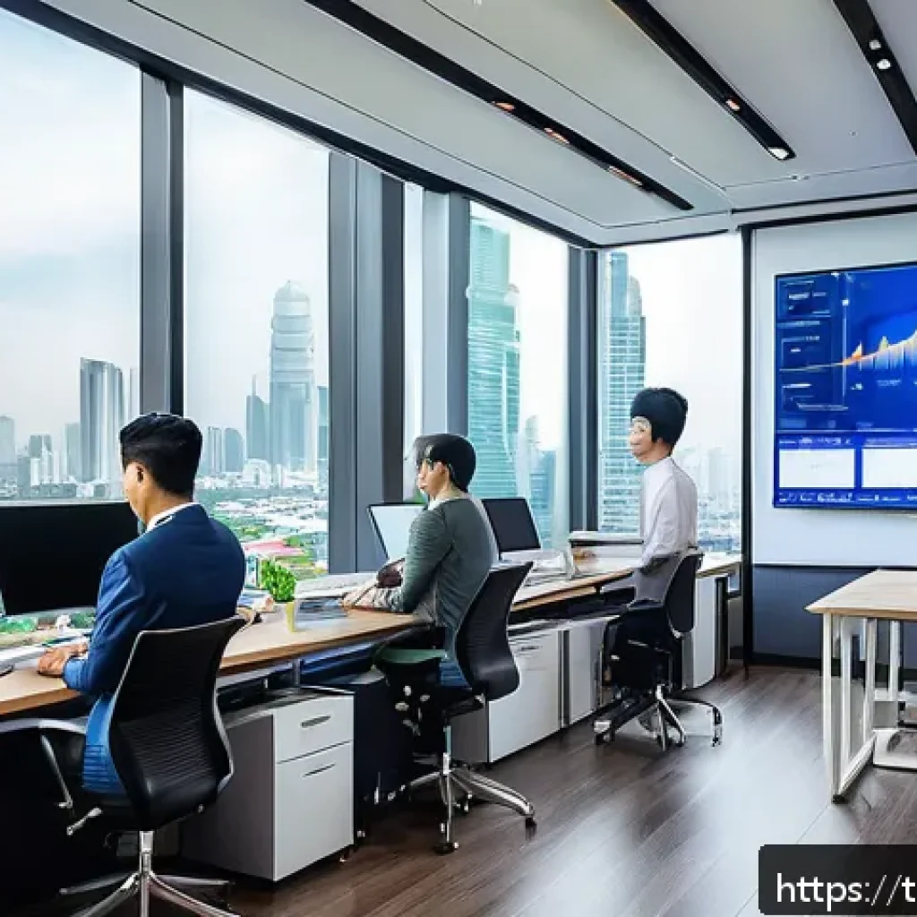AI 자격증 종류와 선택 가이드 - A modern Thai office environment with diverse professionals collaborating on AI projects, featuring ...