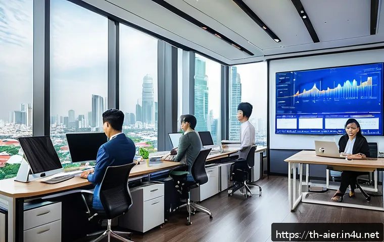 AI 자격증 종류와 선택 가이드 - A modern Thai office environment with diverse professionals collaborating on AI projects, featuring ...